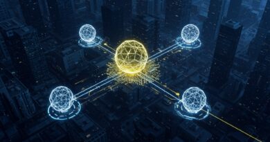 Ilustração de interoperabilidade de AI com ícones de conexão entre agentes