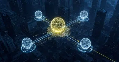 Ilustração de interoperabilidade de AI com ícones de conexão entre agentes