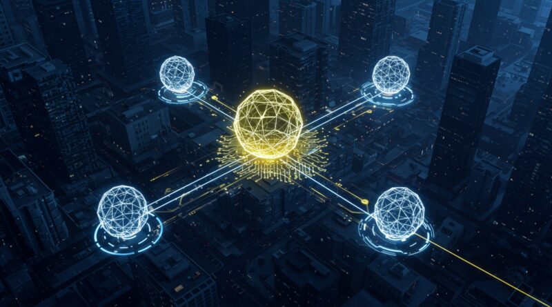 Ilustração de interoperabilidade de AI com ícones de conexão entre agentes