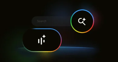 Ilustração dos logos do AI Mode e Search Live sobre fundo preto