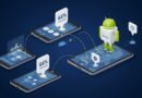 Ilustração vetorial estilizada representando o domínio do tráfego móvel, com um robô Android proeminente no topo de uma rede global de smartphones e tablets interconectados