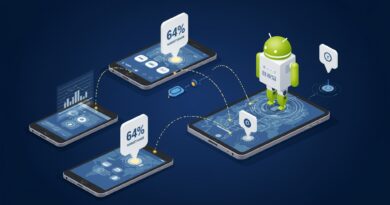 Ilustração vetorial estilizada representando o domínio do tráfego móvel, com um robô Android proeminente no topo de uma rede global de smartphones e tablets interconectados