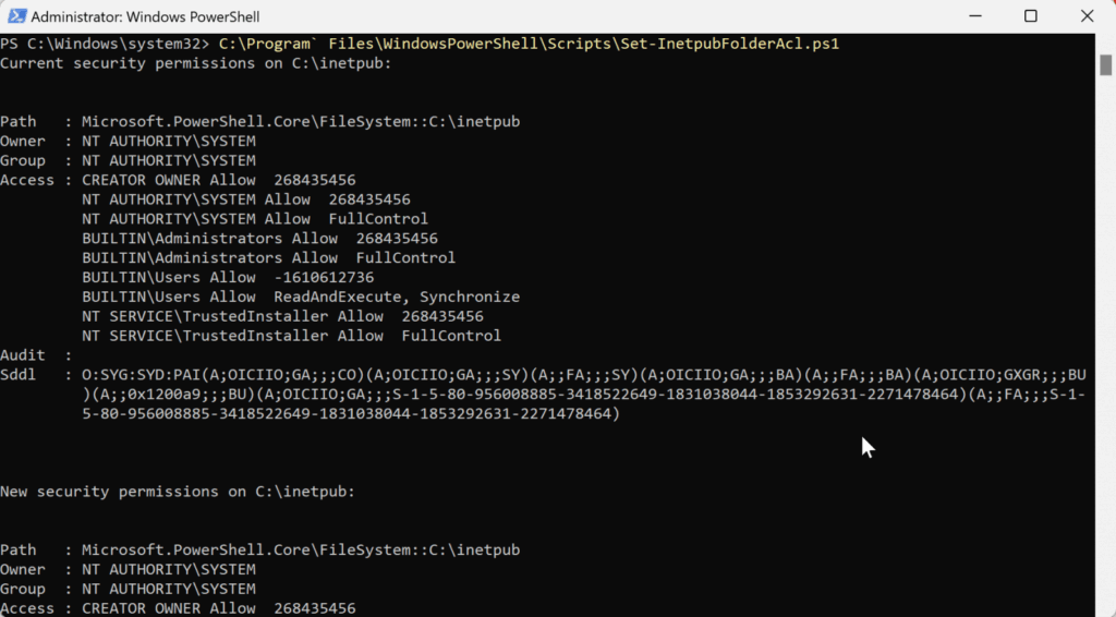 Microsoft: Script PowerShell restaura pasta inetpub 3 Demonstração da execução do script Set-InetpubFolderAcl no PowerShell