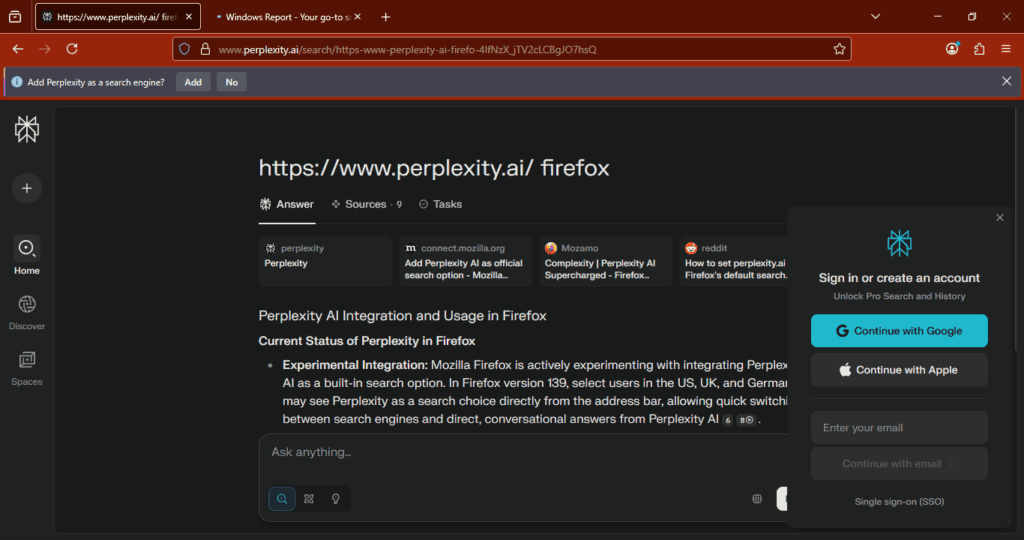 Mozilla testa Perplexity AI no Firefox 139 7 Mozilla testa Perplexity AI: Janela pedindo confirmação para adicionar Perplexity