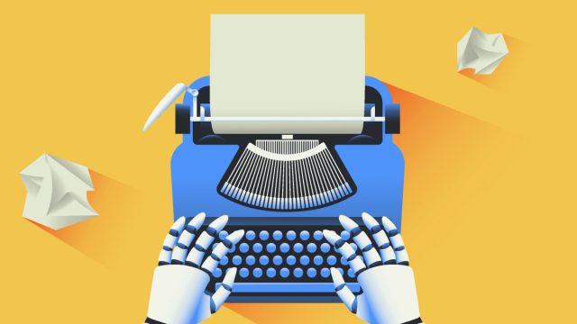 Ilustração de mãos de robô digitando em uma máquina de escrever.
