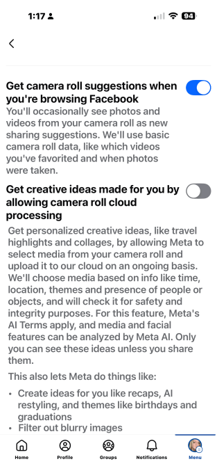 Facebook pede acesso a fotos não compartilhadas via Meta AI 7 Configuração do Facebook que permite controlar a sugestão e o processamento em nuvem de fotos para IA