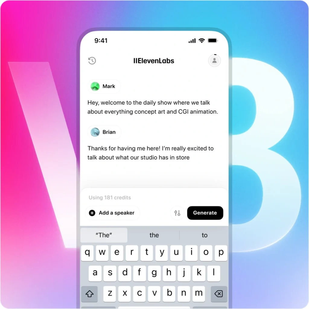 ElevenLabs lança aplicativo de geração de voz para mobile 3 App ElevenLabs aberto em smartphone com telas de geração de voz por IA, destacando a facilidade de uso do novo aplicativo mobile