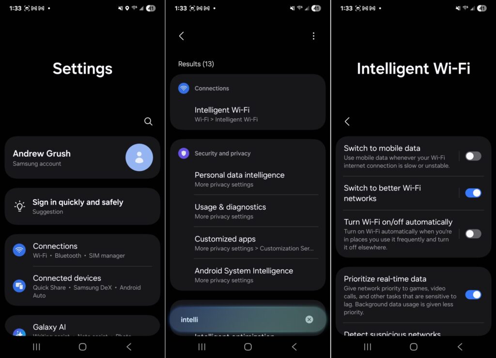 Uso de Dados móveis no Wi-Fi: por que isso acontece e como evitar 3 Uso de Dados móveis no Wi-Fi: Tela do Intelligent Wi-Fi em um Samsung Galaxy mostrando a opção Alternar para dados móveis desativada para evitar uso de dados móveis no Wi-Fi