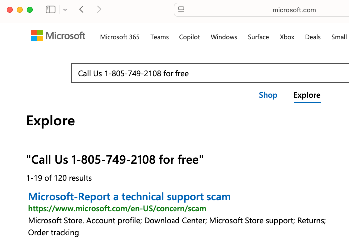 Novo golpe insere números falsos em sites via anúncios Google 6 Captura de tela de número falso injetado em site da Microsoft, evidenciando o golpe de suporte técnico.