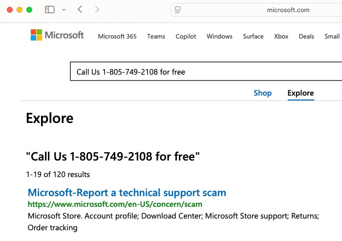 Novo golpe insere números falsos em sites via anúncios Google 6 Captura de tela de número falso injetado em site da Microsoft, evidenciando o golpe de suporte técnico.
