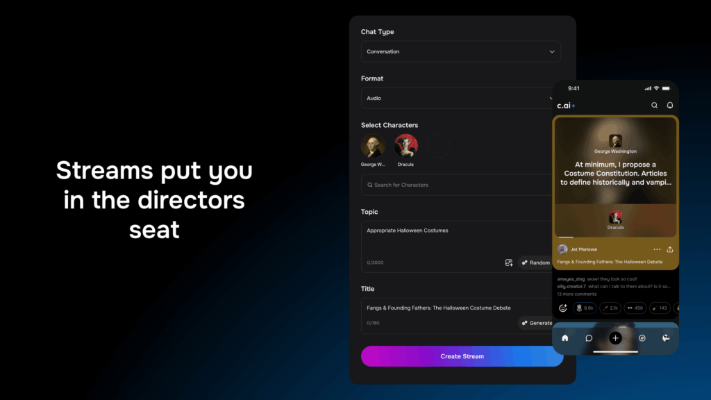 Character.AI Lança Novos Recursos Criativos 3 Demonstração dos recursos Streams e Profile Redesign, destacando a interatividade e personalização