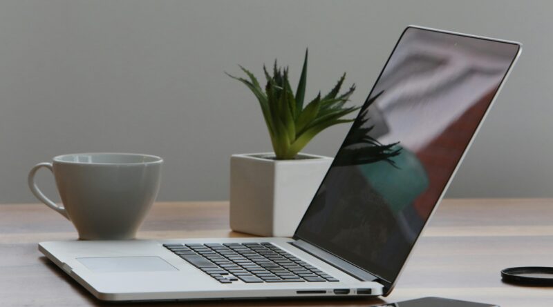 Mesa de escritório minimalista com laptop, smartphone e planta para um ambiente de trabalho moderno.