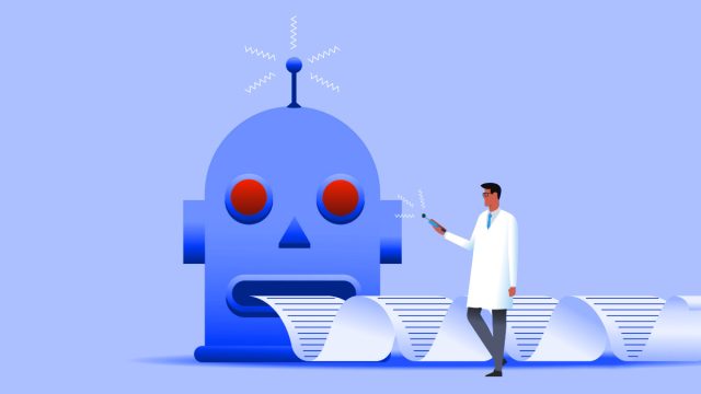 Ilustração de robô gerando texto sem fim, controlado por um cientista.