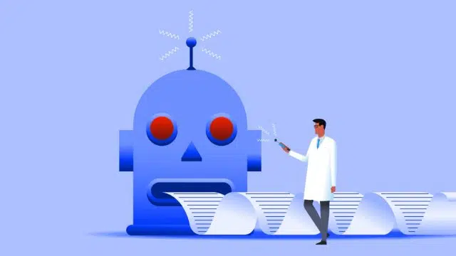 O currículo está morrendo: como a IA revolucionou o recrutamento 7 Ilustração de robô gerando texto sem fim, controlado por um cientista.