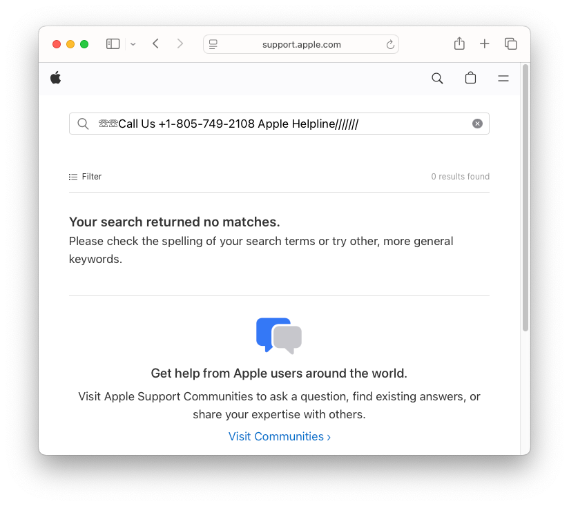 Novo golpe insere números falsos em sites via anúncios Google 8 Print de número falso exibido em site da Apple devido ao golpe de suporte técnico divulgado em 2025.