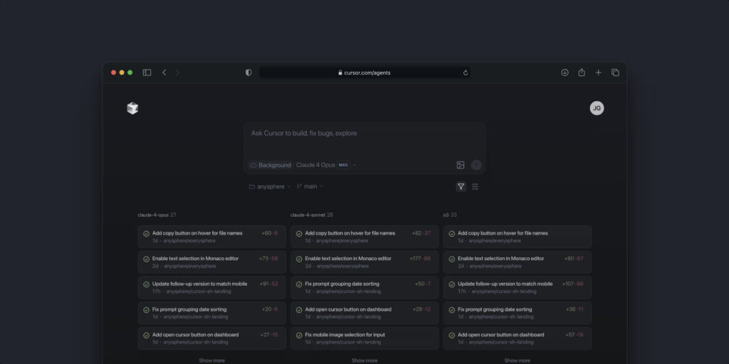Cursor web app permite gerenciar agentes de IA no navegador 3 Visão Kanban de agentes de cursor executando tarefas de codificação e pesquisa.