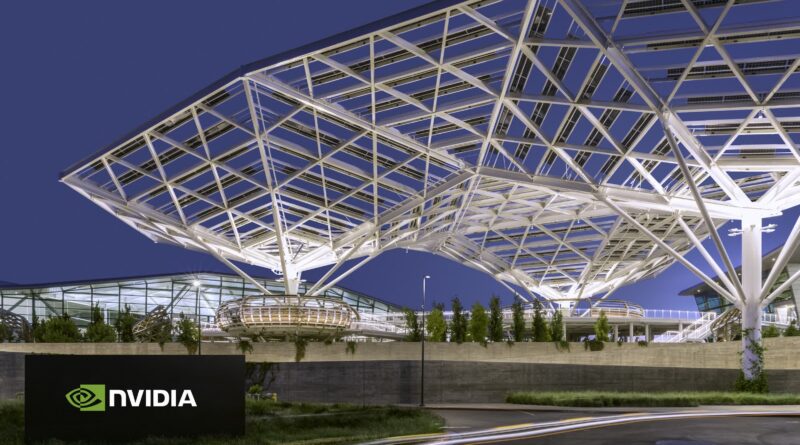 Nvidia se aproxima de US$ 4 trilhões em valor, ultrapassando Apple, gráfica ilustrando valorização recorde na Nasdaq com prédios de tecnologia e gráficos ascendentes.
