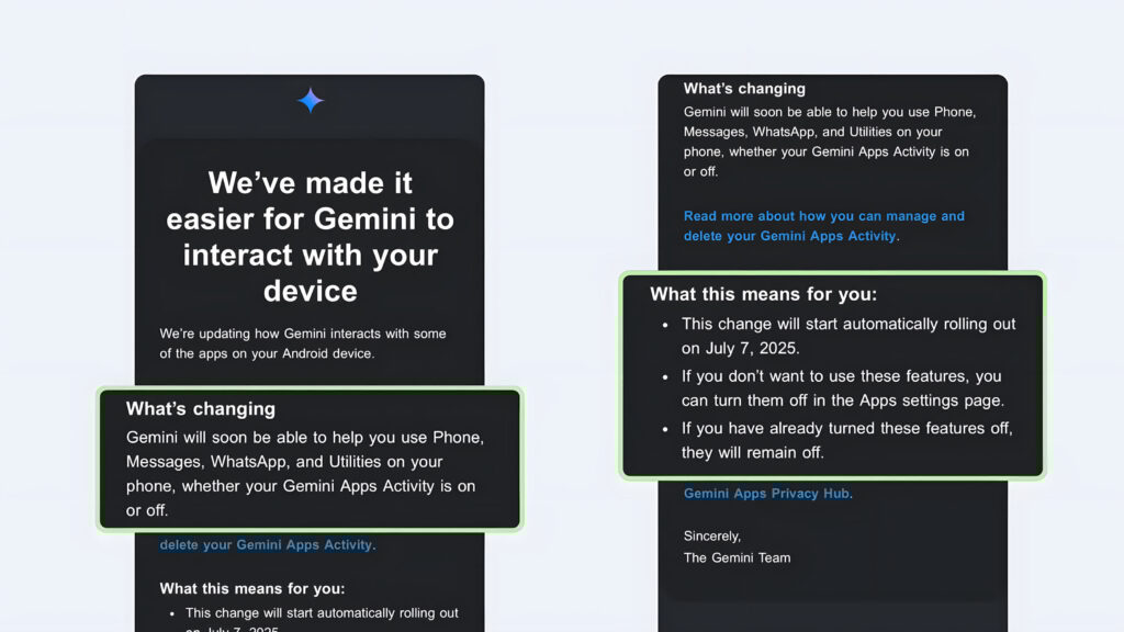 Android: Gemini da Google acessa WhatsApp e SMS; saiba desativar 3 Gemini da Google acessa WhatsApp: Captura de tela do e-mail da Google detalhando ampliação de acesso do Gemini, levantando dúvidas sobre privacidade no Android