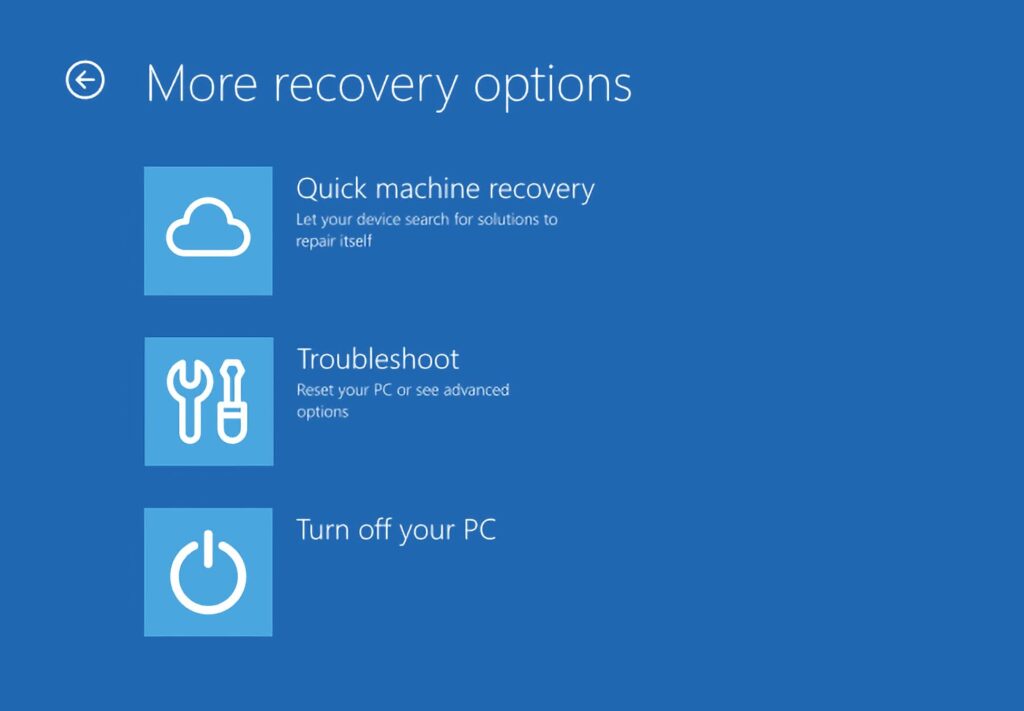 Windows 11 lança Quick Machine Recovery para recuperação automática 4 Interface do Windows Recovery Environment que agora suporta o Quick Machine Recovery, facilitando diagnósticos e reparos automáticos para usuários comunes e administradores de TI.