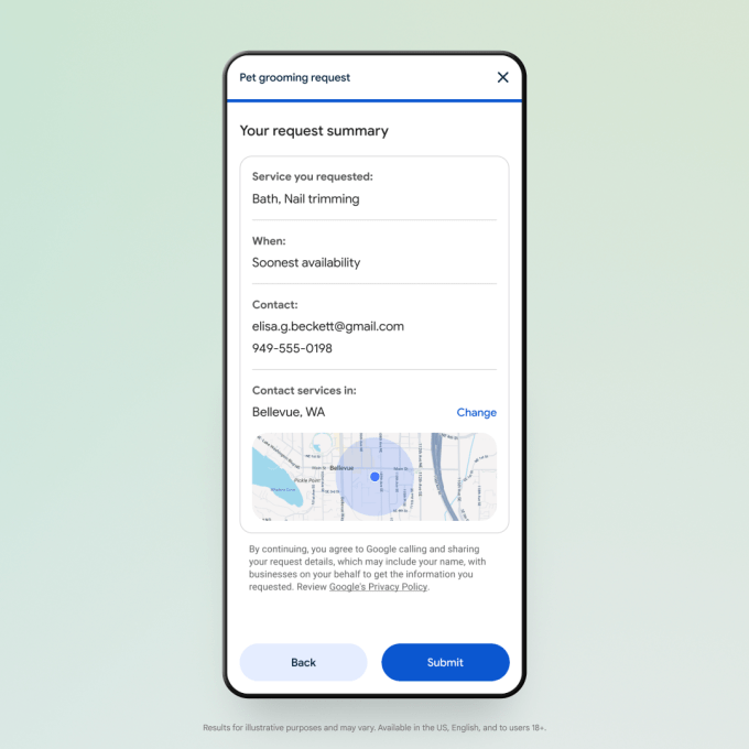 Google lança chamadas empresariais com IA e Gemini 2.5 Pro 4 Tela do recurso de chamadas automáticas por IA do Google, mostrando opções de serviço para usuários