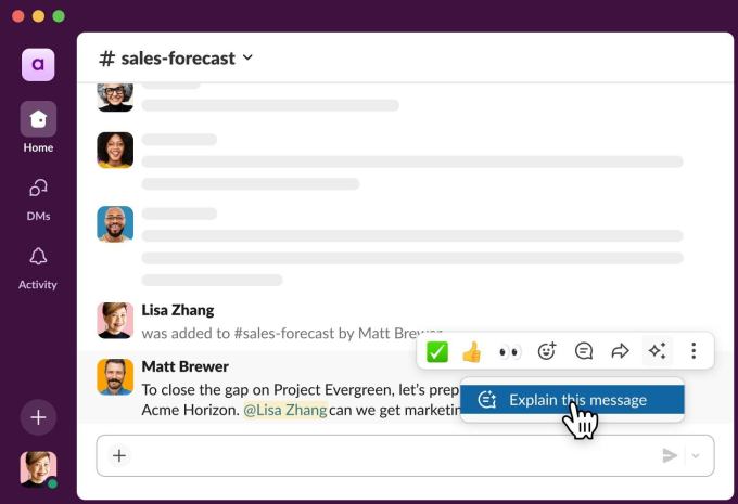 Slack integra IA para busca e transcrição de reuniões em 2025 7 Explicação de mensagem com IA no Slack, detalhando contexto de conversas.