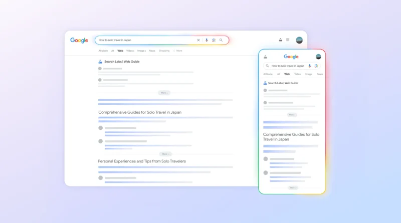 Interface do novo Web View Search do Google organizada por inteligência artificial; exibe estrutura visual de tópicos para pesquisa mais eficiente