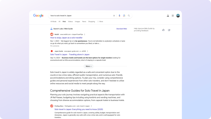 Google testa Web View Search com IA para organizar resultados 3 Exemplo visual de agrupamento inteligente de tópicos no Web View Search do Google, exibindo diferentes categorias de resposta para uma mesma busca