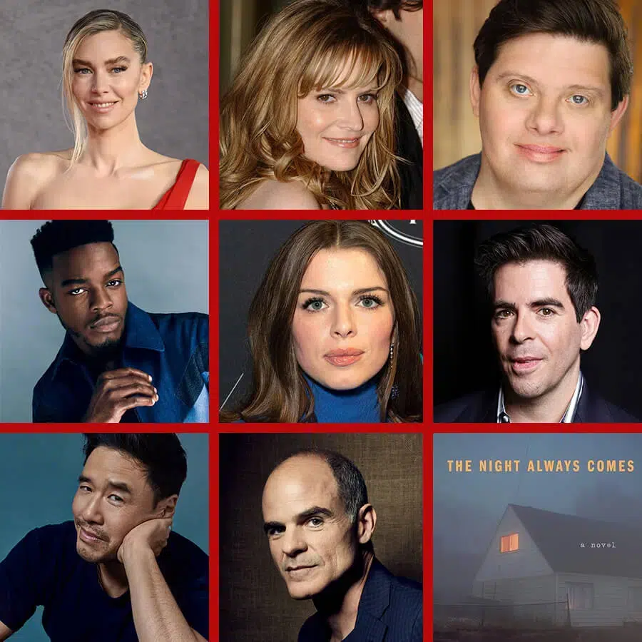 Mosaico do elenco principal do filme Night Always Comes da Netflix: Vanessa Kirby, Jennifer Jason Leigh, Zack Gottsagen, Julia Fox e outros.