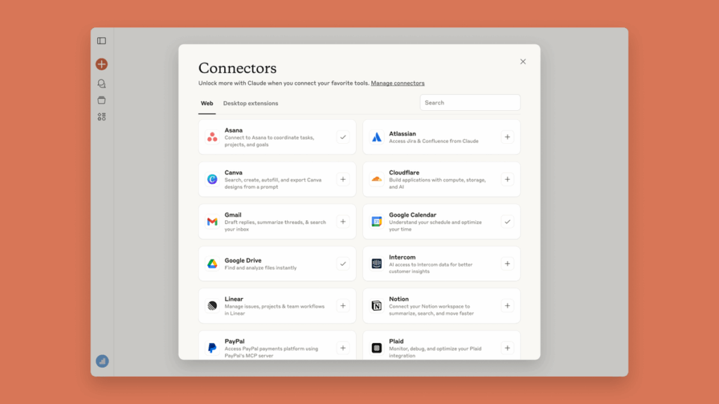 Diretório de ferramentas Claude: integrações com apps líderes 3 diretorio de ferramentas Claude: Captura de tela mostrando caixa de diálogo de conectores na Claude app, com ferramentas disponíveis para exploração e conexão, como Notion, Canva, Stripe e Figma.