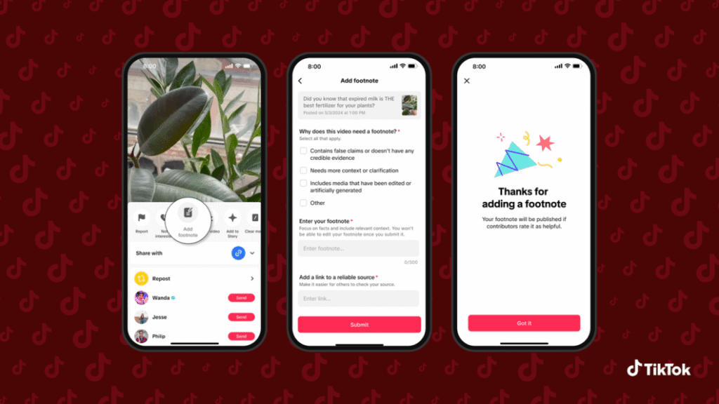 TikTok lança Footnotes: combate à desinformação ganha reforço 4 Exemplo de nota contextual (Footnote) adicionada em vídeo do TikTok, mostrando tela do app com destaque no recurso.