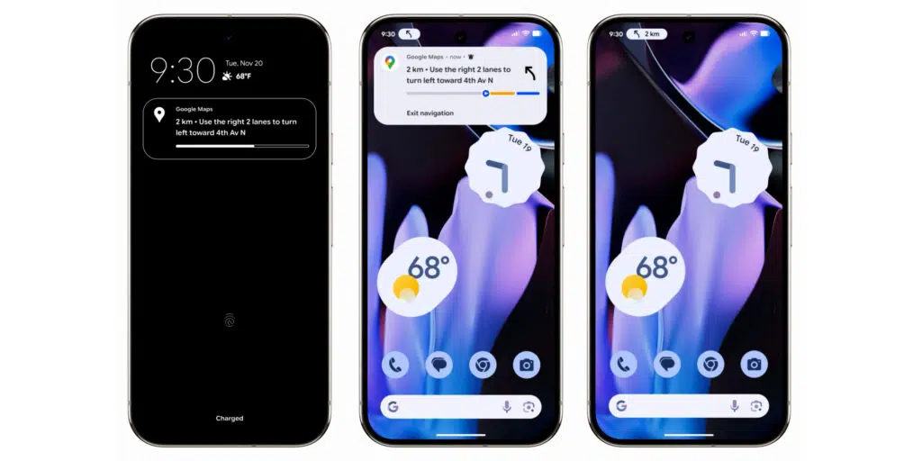 Android 16: Google detalha Live Updates com suporte ao Maps 5 Demonstração de Live Updates do Android 16 com Google Maps exibindo navegação ativa e notificações dinâmicas no topo da tela.