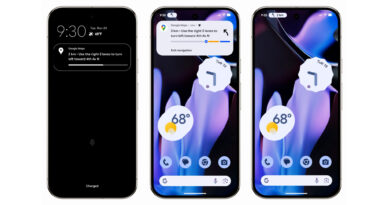 Demonstração de Live Updates do Android 16 com Google Maps exibindo navegação ativa e notificações dinâmicas no topo da tela.