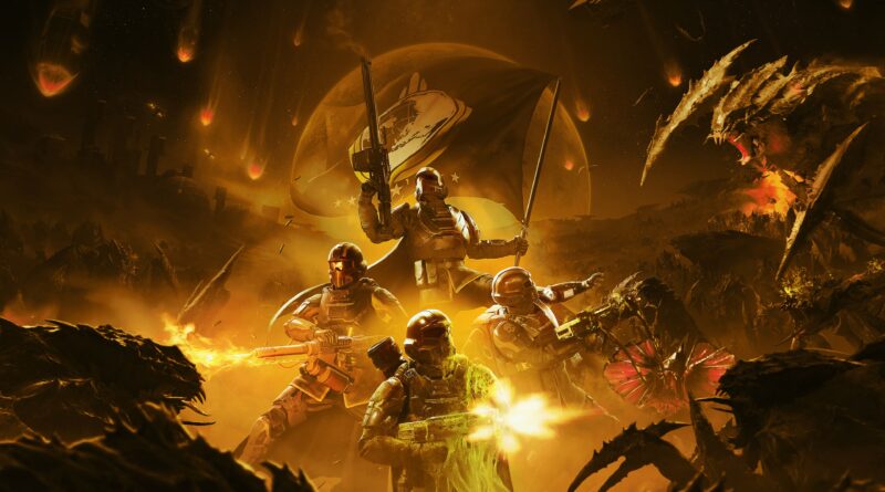 Arte promocional de Helldivers 2 com soldados em batalha galáctica