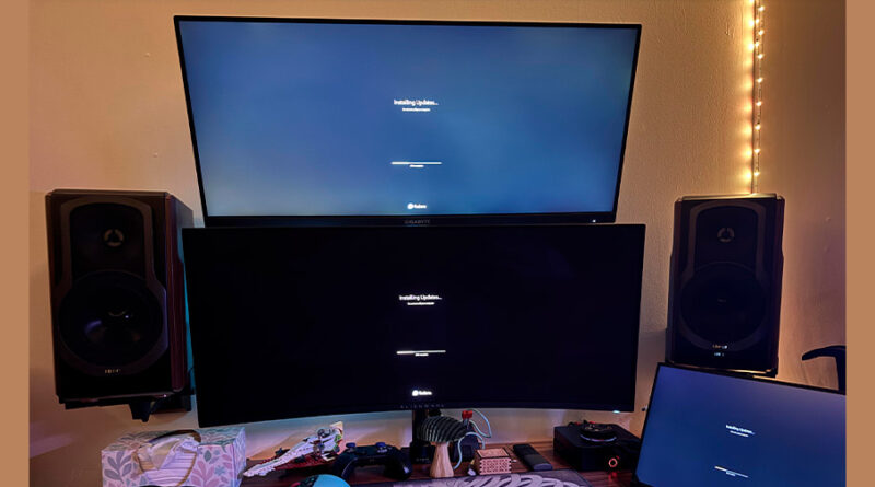 Comparação lado a lado dos níveis de preto entre OLED e LCD, destacando a superioridade do OLED, monitores Xiaomi M34WQ LCD versus Dell Alienware AW3423DWF QD-OLED
