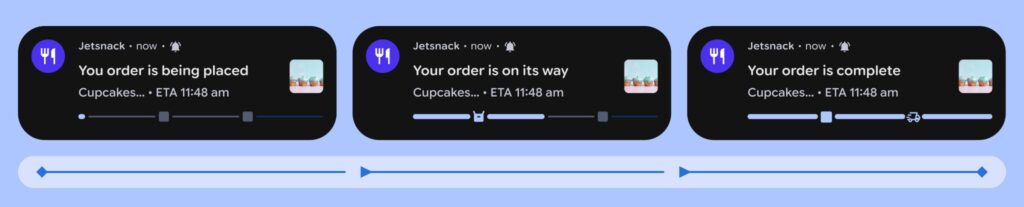 Visualização das notificações Live Updates mostrando progresso da viagem e direções em tempo real, exemplo com interface limpa.