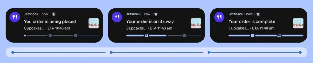 Android 16: Google detalha Live Updates com suporte ao Maps 6 Visualização das notificações Live Updates mostrando progresso da viagem e direções em tempo real, exemplo com interface limpa.