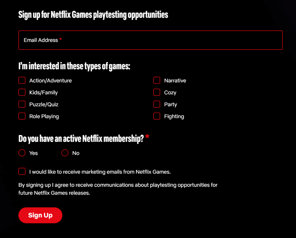 Netflix busca testers para jogos e revela novos gêneros 3 Netflix busca testers para jogos: Tela de inscrição para testadores beta de jogos da Netflix, mostrando o processo de participação inicial para usuários interessados.