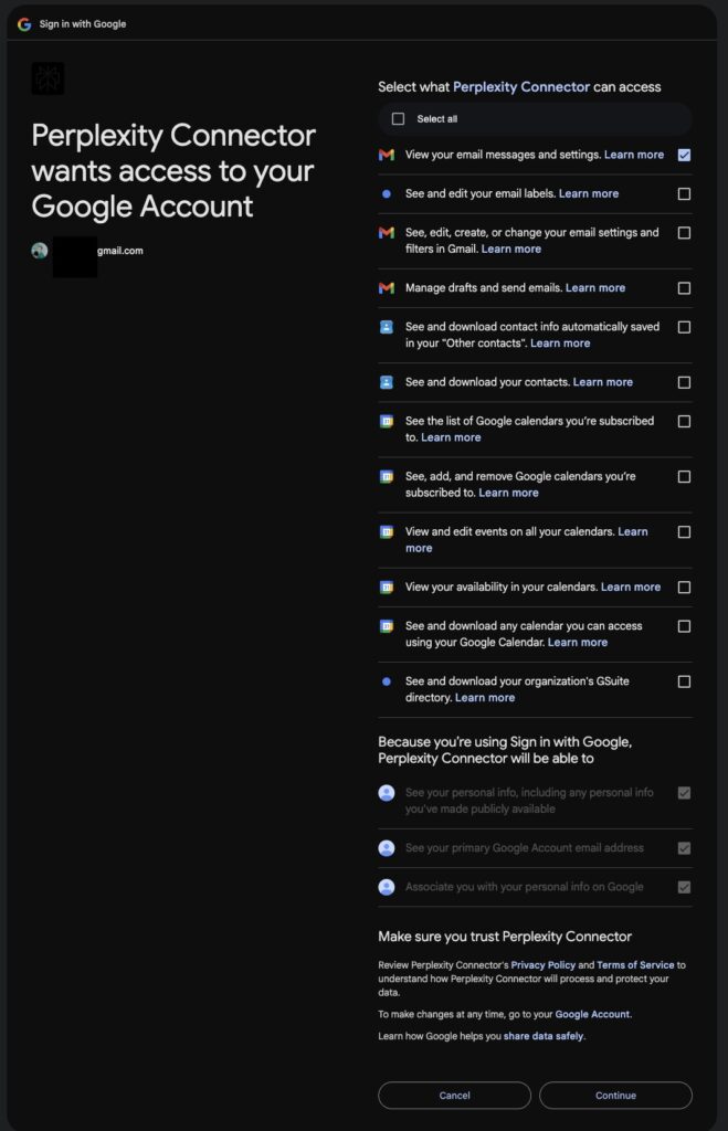 Privacidade e IA: repense antes de conceder acesso a seus dados pessoais 3 Pense antes de conceder à IA acesso aos seus dados pessoais: Print da interface do Comet exibindo a extensa lista de permissões solicitadas para integrar IA à Conta Google do usuário.
