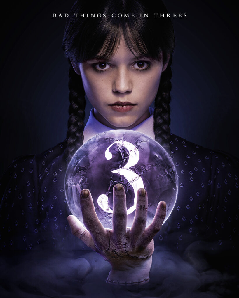 Pôster da 3ª temporada de Wednesday, Netflix oficial, Jenna Ortega caracterizada