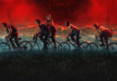 Imagem promocional do trailer de Stranger Things 5: grupo reunido diante do perigo no cenário escuro e ameaçador.