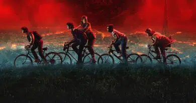 Imagem promocional do trailer de Stranger Things 5: grupo reunido diante do perigo no cenário escuro e ameaçador.