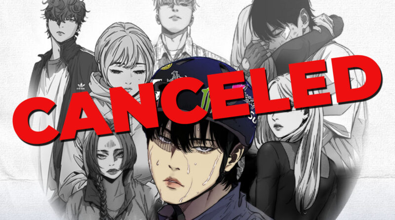 Imagem promocional de Wind Breaker webtoon cancelado por plágio, arte de Yongseok Jo e destaque para comunicado da Naver Webtoon