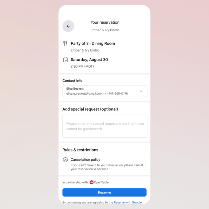 Google AI Mode chega a 180 países com recursos agentes 3 Exemplo de reservas de restaurantes via Google AI Mode; interface exibindo lista curada com disponibilidade em tempo real
