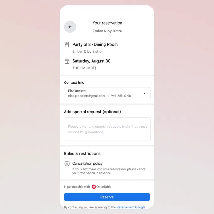 Google AI Mode chega a 180 países com recursos agentes 3 Exemplo de reservas de restaurantes via Google AI Mode; interface exibindo lista curada com disponibilidade em tempo real