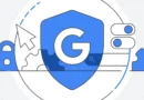 Escudo azul com logo G do Google, cercado por ícones de segurança como cadeado e chave, simbolizando proteção de dados na Gemini