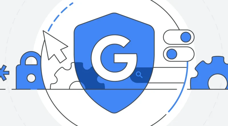 Escudo azul com logo G do Google, cercado por ícones de segurança como cadeado e chave, simbolizando proteção de dados na Gemini