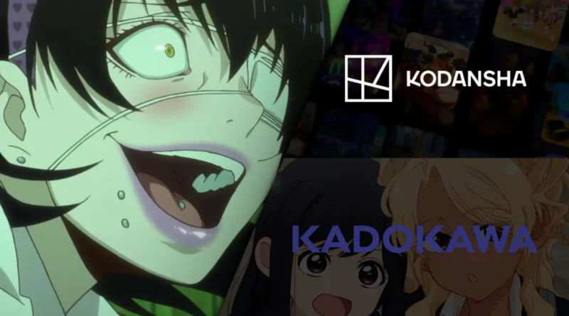 Imagem de divulgação das novas regras de monetização de derivados de anime e mangá com logos da Kadokawa e Kodansha, referência à creator economy