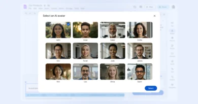 Google Vids ganha avatares de IA e versão gratuita 7 Google Vids com avatares de IA exibindo vozes, personas e opções no editor
