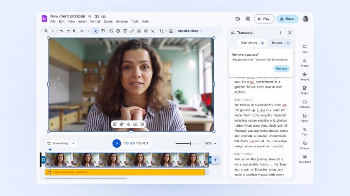 Google Vids ganha avatares de IA e versão gratuita 5 Google Vids mostrando corte automático de vícios de linguagem e pausas no editor