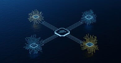 Ilustração em estilo história em quadrinhos: mergulhador flutua em água verde sobre baú com placas de circuito luminosas, simbolizando a descoberta de novos horizontes na inteligência artificial por meio dos modelos da Deep Cogito